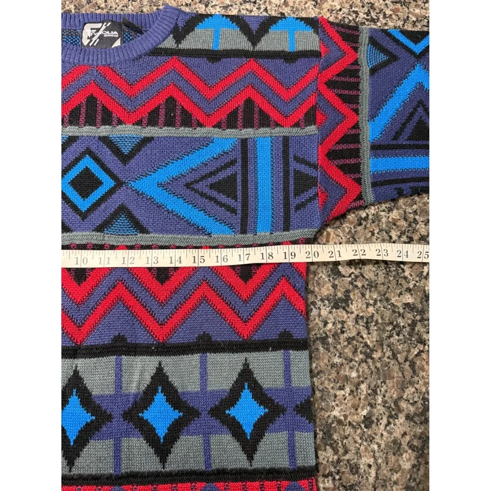 Vintage Tyrolia Skiwear Wool Blend Geometric Chevron Sweater Purple Blue Red L